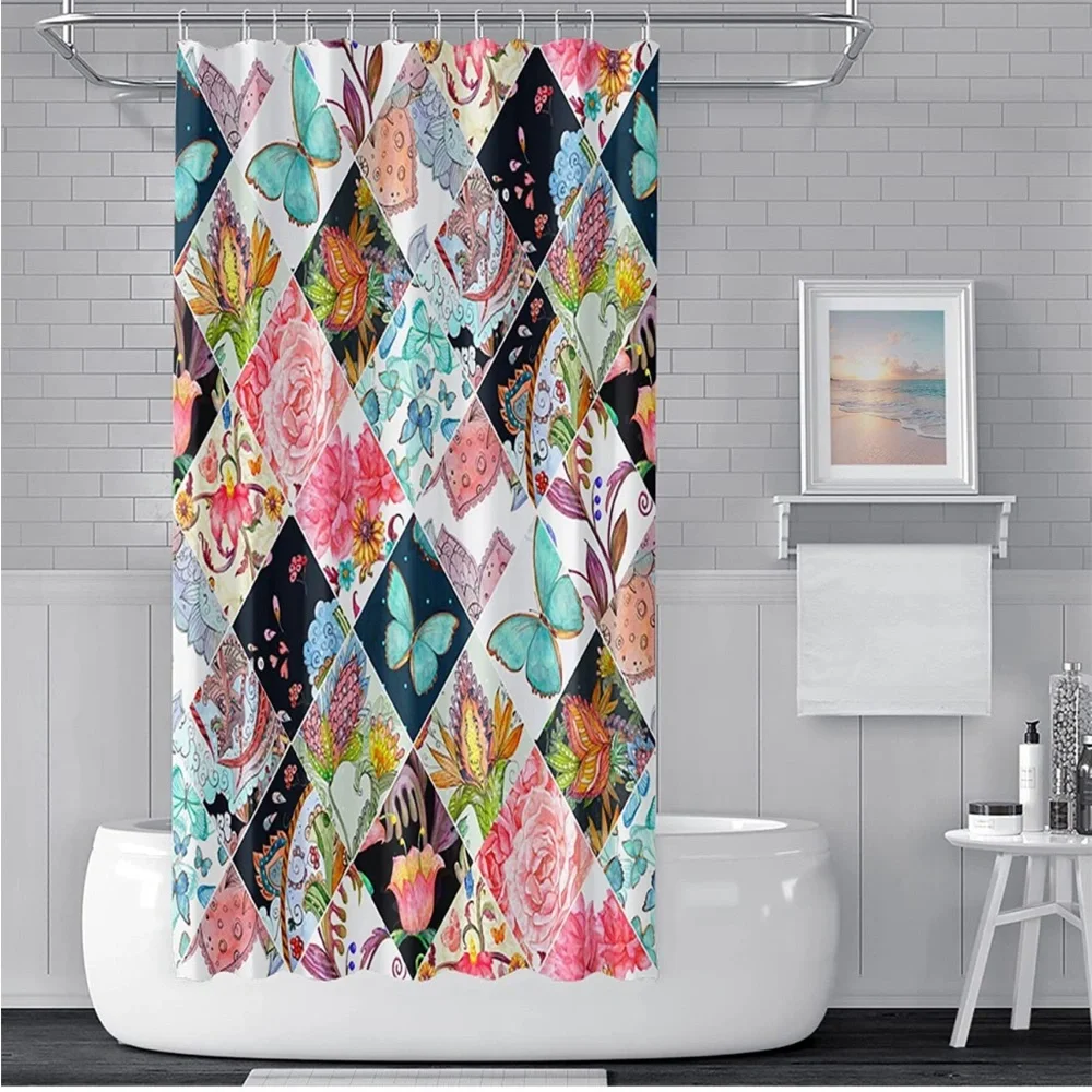 Butterfly Shower Curtain Floral with Stitching Grid Waterproof  12Hooks,48x72in